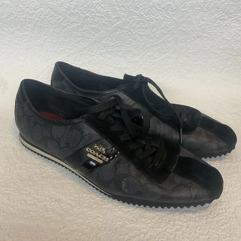 COACH Signature‎ IVY Leather Trainer Black Sneakers Laced Shoes Womens Sz 9.5
